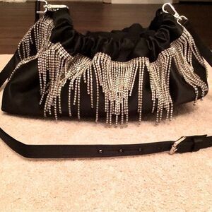 GEDEBE NWOT Black Satin Diamond Fringe Shoulder Bag Clutch